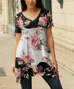Lily | White & Black Rose V-Neck Sidetail Tunic - Plus