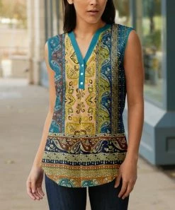 Lily | Teal & Yellow Paisley Button-Front Sleeveless Tunic - Women