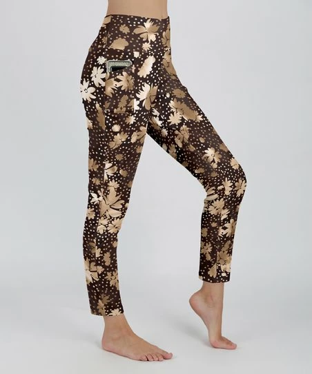Lily | Brown & Taupe Floral Pocket High-Waist Leggings - Women 1 Lily | Brown & Taupe Floral Pocket High-Waist Leggings - Women