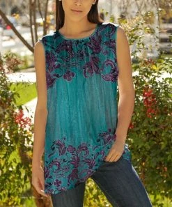Lily | Teal & Purple Space-Dye Floral Pleated Sleeveless Tunic - Women