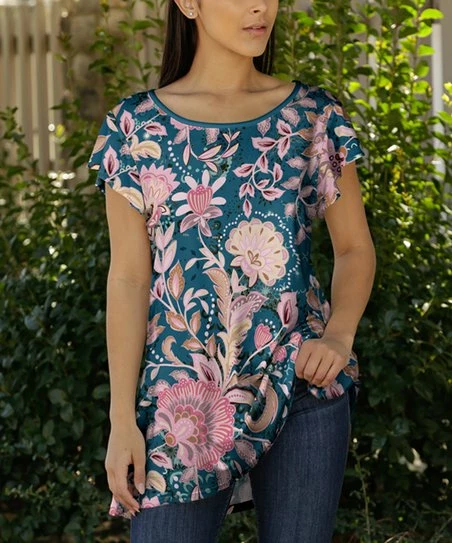 Lily | Blue & Pink Floral Flutter-Sleeve Tunic - Women 1 Lily | Blue & Pink Floral Flutter-Sleeve Tunic - Women