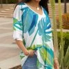 Lily | White & Blue Foliage Ruffle-Sleeve V-Neck Tunic - Women