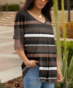 Lily | Black & Taupe Stripe Ruffle-Sleeve V-Neck Tunic - Women