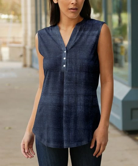Lily | Blue & Navy Ombré Button-Front Sleeveless Tunic - Plus 1 Lily | Blue & Navy Ombré Button-Front Sleeveless Tunic - Plus