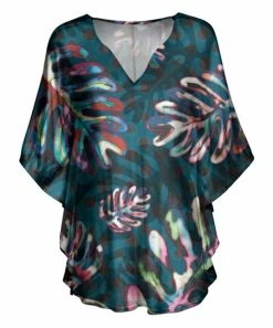 Lily | Teal & Pink Leaf Dolman-Sleeve Tunic - Women