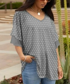 Lily | Gray & White Dots Ruffle-Sleeve V-Neck Tunic - Women
