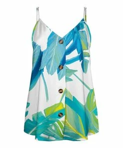 Lily | White & Blue Tropical Leaf Button-Front Top - Plus