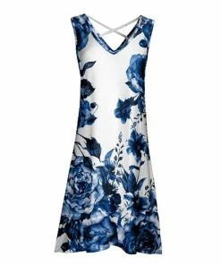 Lily | Blue & White Floral Cross-Back Sleeveless Dress - Women
