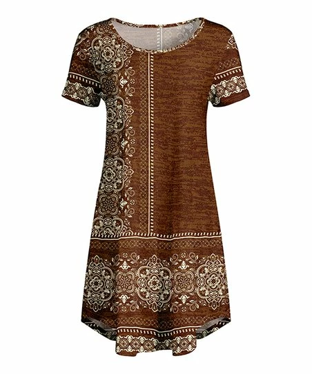 Lily | Brown & Cream Medallion Boatneck A-Line Dress - Women 1 Lily | Brown & Cream Medallion Boatneck A-Line Dress - Women