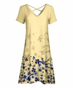 Lily | Yellow & Blue Floral Branch Cross-Back A-Line Dress - Women