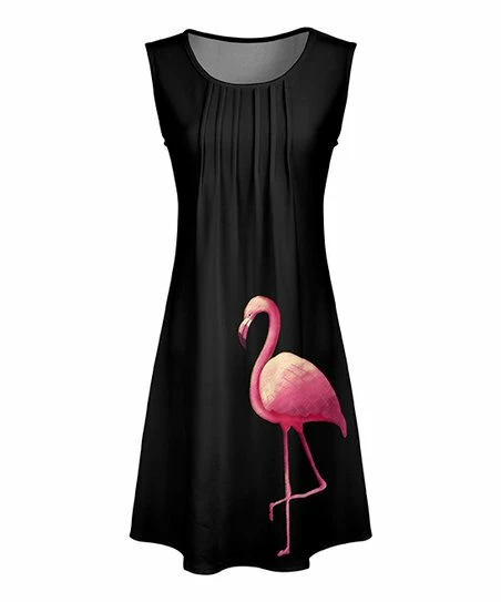 Lily | Black & Pink Flamingo Pleated Sleeveless Dress - Plus 1 Lily | Black & Pink Flamingo Pleated Sleeveless Dress - Plus
