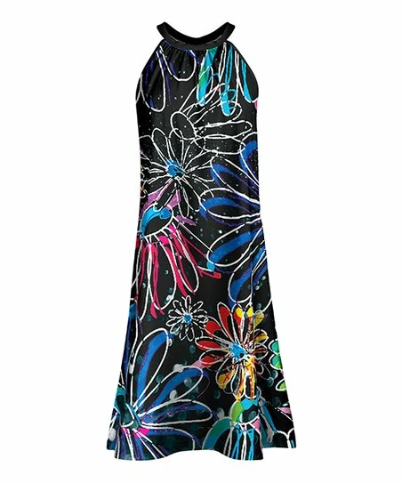 Lily | Black & Blue Floral Sketch Midi Halter Dress - Plus 1 Lily | Black & Blue Floral Sketch Midi Halter Dress - Plus