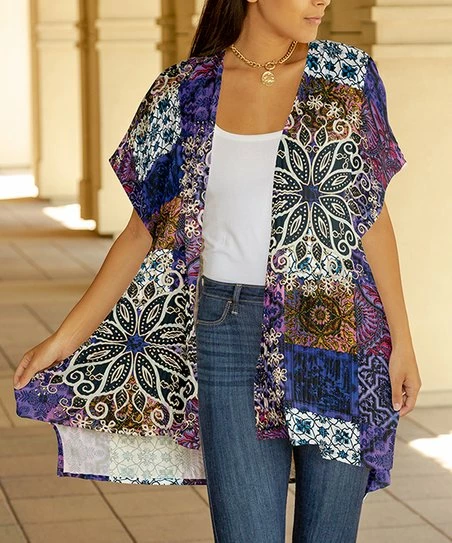 Lily | Purple & Cream Floral Patchwork Short-Sleeve Kimono - Women & Plus 1 Lily | Purple & Cream Floral Patchwork Short-Sleeve Kimono - Women & Plus