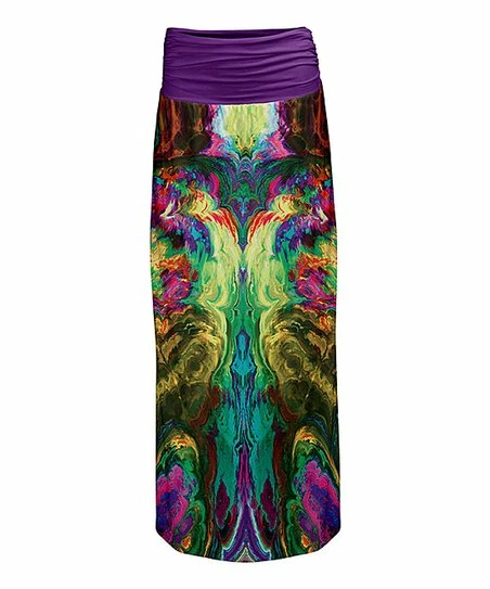 Lily | Purple & Green Abstract Shirred-Waist Maxi Skirt - Women 1 Lily | Purple & Green Abstract Shirred-Waist Maxi Skirt - Women