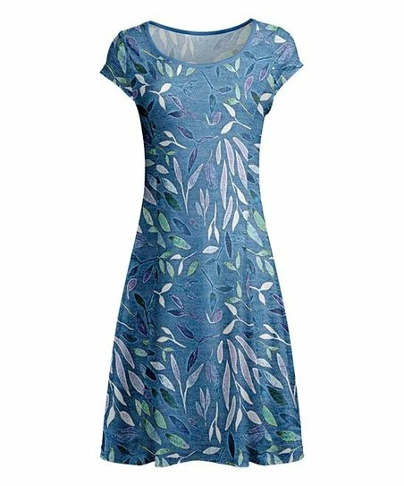 Lily | Blue & Lavender Leaf Short-Sleeve Dress - Plus 1 Lily | Blue & Lavender Leaf Short-Sleeve Dress - Plus