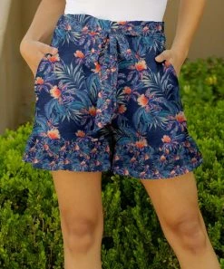 Lily | Navy & Orange Tropical Ruffle-Hem Pocket Shorts - Plus