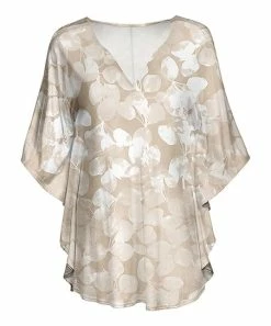 Lily | Beige & White Foliage Cap-Sleeve V-Neck Tunic - Women
