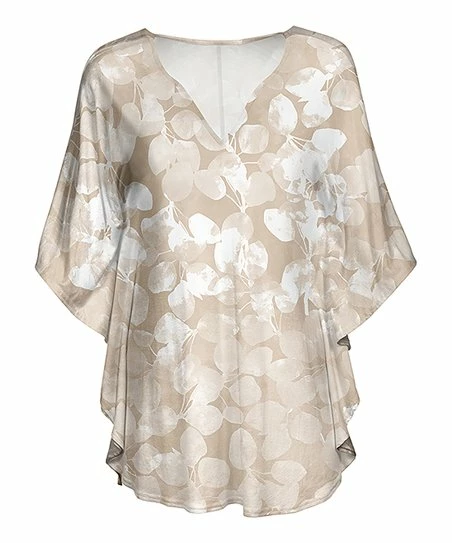 Lily | Beige & White Foliage Cap-Sleeve V-Neck Tunic - Women 1 Lily | Beige & White Foliage Cap-Sleeve V-Neck Tunic - Women