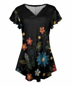 Lily | Black & Orange Floral V-Neck Flutter-Sleeve Tunic - Plus