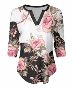 Lily | Black & Rose Floral Notch Neck Tunic - Women
