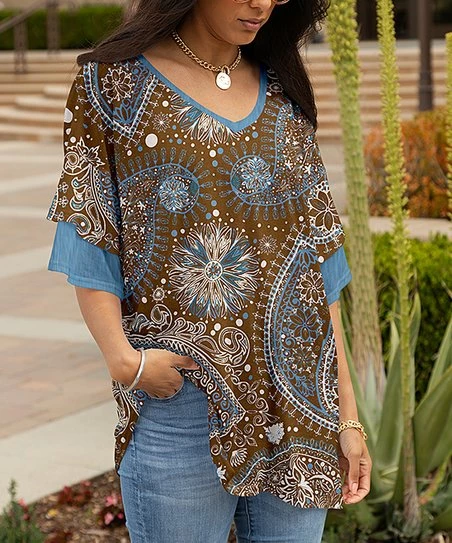 Lily | Brown & Blue Mandala Floral V-Neck Tunic - Women 1 Lily | Brown & Blue Mandala Floral V-Neck Tunic - Women