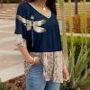 Lily | Navy & Beige Floral Dragonfly Ruffle-Sleeve V-Neck Tunic - Women