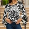 Lily | Black & White Leaf Bell-Sleeve Tunic - Plus