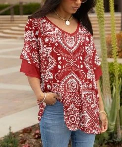 Lily | Red & White Mandala Ruffle-Sleeve V-Neck Tunic - Plus