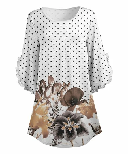 Lily | White & Brown Floral Ruffle-Sleeve Boatneck Top - Women 1 Lily | White & Brown Floral Ruffle-Sleeve Boatneck Top - Women
