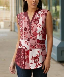 Lily | Red & Pink Floral Sleeveless Notch Neck Tunic - Plus