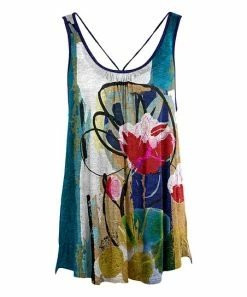 Lily | Navy & Red Floral Crisscross-Back Pleated Sleeveless Tunic - Women