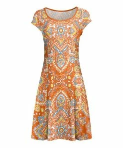 Lily | Orange & White Scarf-Print Cap-Sleeve A-Line Dress - Women