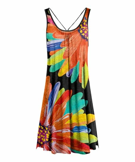 Lily | Black & Orange Floral Pleated Scoop Neck Sleeveless Dress - Plus 1 Lily | Black & Orange Floral Pleated Scoop Neck Sleeveless Dress - Plus