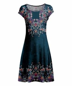Lily | Teal & Purple Floral Cap-Sleeve A-Line Dress - Women