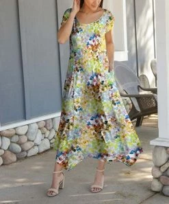 Lily | Yellow & Blue Abstract Handkerchief-Hem Pocket Maxi Dress - Women