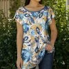 Lily | Blue & Beige Floral Boatneck Flutter-Sleeve Tunic - Plus