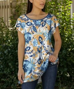 Lily | Blue & Beige Floral Boatneck Flutter-Sleeve Tunic - Plus