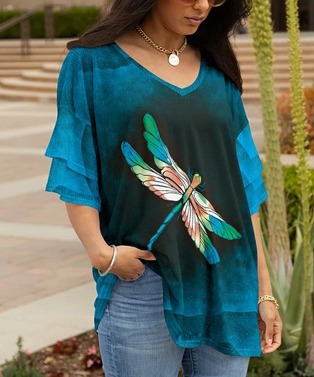 Lily | Black & Teal Dragonfly Ruffle-Sleeve V-Neck Tunic - Plus 1 Lily | Black & Teal Dragonfly Ruffle-Sleeve V-Neck Tunic - Plus