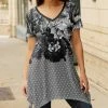 Lily | Black & Gray Polka Dot Floral V-Neck Short-Sleeve Sidetail Tunic - Women
