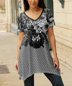 Lily | Black & Gray Polka Dot Floral V-Neck Short-Sleeve Sidetail Tunic - Women