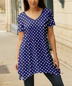 Lily | Navy & White Polka Dot V-Neck Short-Sleeve Sidetail Tunic - Plus