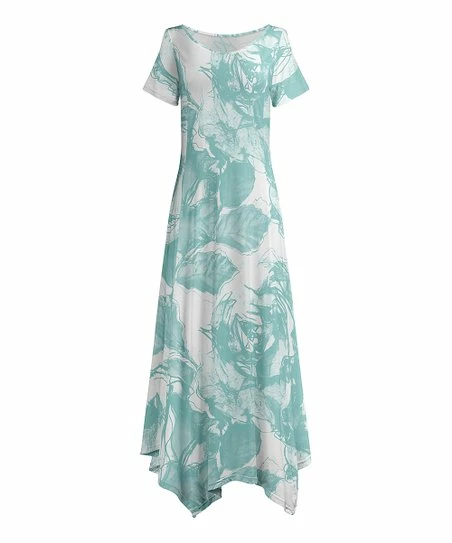 Lily | Turquoise & White Abstract Foliage Handkerchief Maxi Dress - Plus 1 Lily | Turquoise & White Abstract Foliage Handkerchief Maxi Dress - Plus