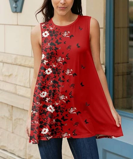 Lily | Red & Black Floral Butterfly Sleeveless Swing Tunic - Plus 1 Lily | Red & Black Floral Butterfly Sleeveless Swing Tunic - Plus
