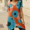 Lily | Orange & Blue Floral V-Neck Short-Sleeve Sidetail Tunic - Plus