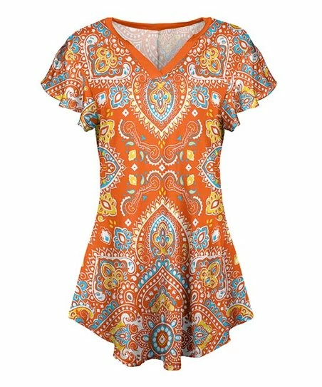 Lily | Orange & Blue Arabesque V-Neck Flutter-Sleeve Tunic - Plus 1 Lily | Orange & Blue Arabesque V-Neck Flutter-Sleeve Tunic - Plus
