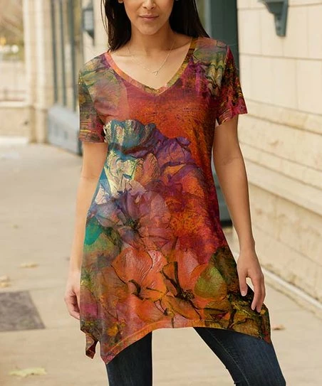 Lily | Rust & Olive Watercolor Floral V-Neck Short-Sleeve Sidetail Tunic - Women 1 Lily | Rust & Olive Watercolor Floral V-Neck Short-Sleeve Sidetail Tunic - Women