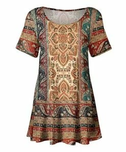 Lily | Rust & Turquoise Scarf Print Scoop Neck Short-Sleeve Tunic - Women & Plus