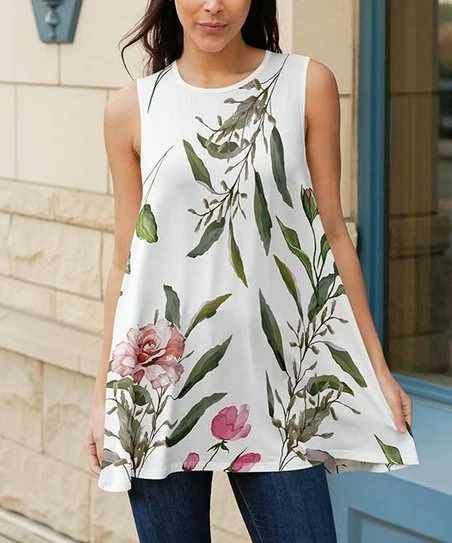 Lily | Green & White Floral Sleeveless Swing Tunic - Women 1 Lily | Green & White Floral Sleeveless Swing Tunic - Women