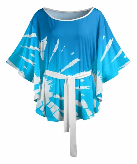 Lily | Blue & white Abstract Tie-Waist Cape-Sleeve Tunic - Plus 1 Lily | Blue & white Abstract Tie-Waist Cape-Sleeve Tunic - Plus