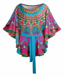 Lily | Pink & Multicolor Geometric Tie-Waist Cape-Sleeve Tunic - Women